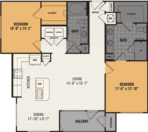 Floor plan for 2 beds, 2 baths, 1186 sqft